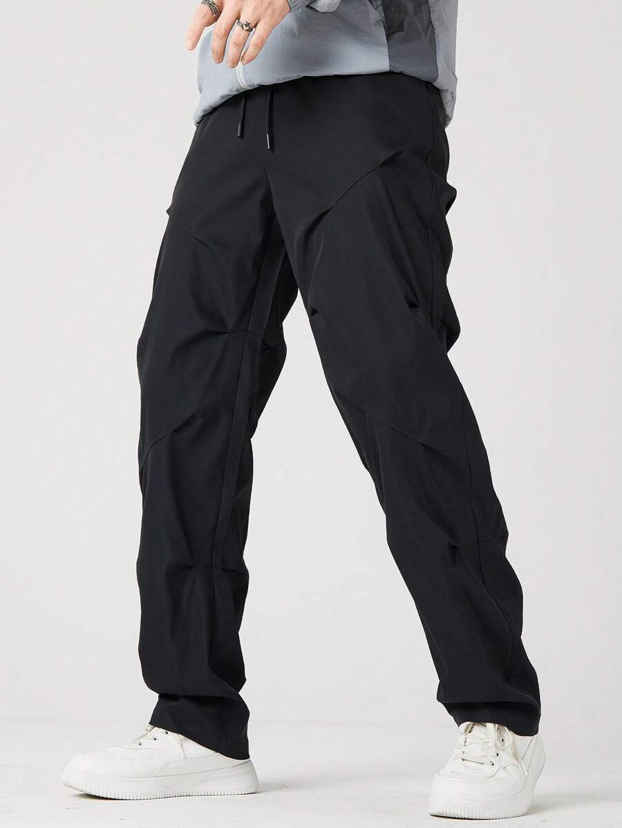 Manfinity Hypemode 男士腰部抽繩直筒褲 - 黑色 - 查看 1