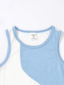 SHEIN Đầm bé gái Khối Màu Giải trí - Xanh và trắng - Xem 4
