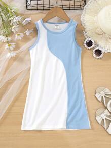 SHEIN Đầm bé gái Khối Màu Giải trí - Xanh và trắng - Xem 6