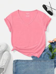 SHEIN Essnce Solid V Neck Tee - Watermelon Pink - View 1