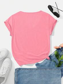 SHEIN Essnce Solid V Neck Tee - Watermelon Pink - View 2