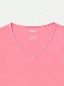 SHEIN Essnce Solid V Neck Tee - Watermelon Pink - View 4