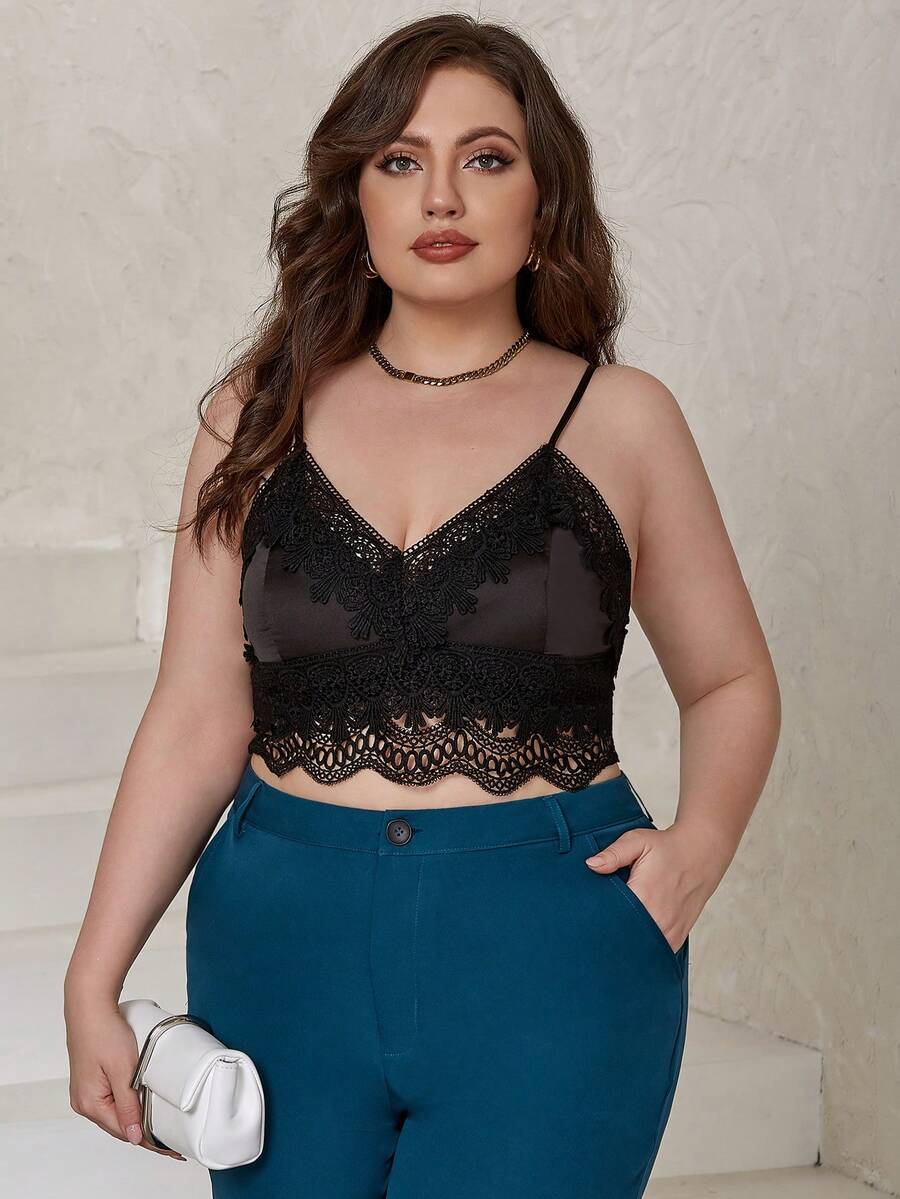 Eilly Bazar Áo hai dây Plus Size Tương phản ren Sò điệp màu trơn Thanh lịch - màu đen - Xem 1