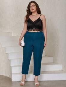 Eilly Bazar Áo hai dây Plus Size Tương phản ren Sò điệp màu trơn Thanh lịch - màu đen - Xem 4