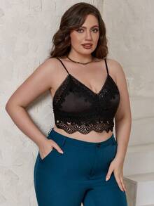 Eilly Bazar Áo hai dây Plus Size Tương phản ren Sò điệp màu trơn Thanh lịch - màu đen - Xem 6