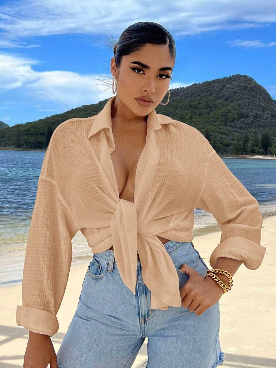 SHEIN SXY Camisa unicolor de hombros caídos con botón delantero - Caqui - Ver 1