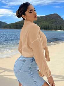 SHEIN SXY Camisa unicolor de hombros caídos con botón delantero - Caqui - Ver 2