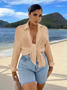 SHEIN SXY Camisa unicolor de hombros caídos con botón delantero - Caqui - Ver 3