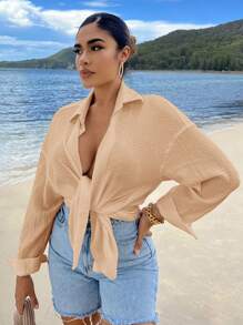 SHEIN SXY Camisa unicolor de hombros caídos con botón delantero - Caqui - Ver 4