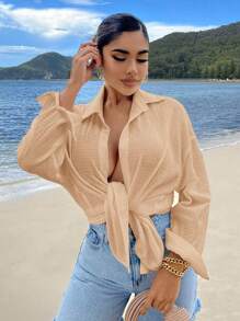 SHEIN SXY Camisa unicolor de hombros caídos con botón delantero - Caqui - Ver 5