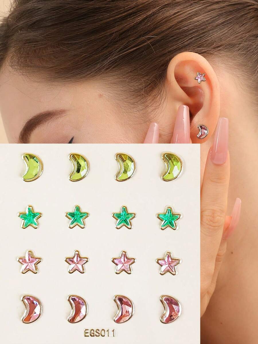 1sheet Rhinestone Moon & Star Shaped Ear Tattoo Sticker - Multicolor - View 1