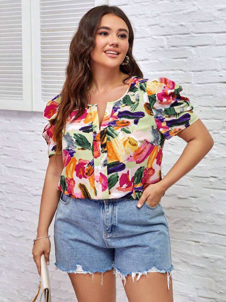 SHEIN Clasi פלוס חולצה עם שרוול נפוח עם הדפס Allover לקיץ - ריבוי צבעים - ראה 4