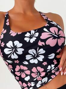 Swim Lushoire Summer Beach Floral Print Drawstring Side Halter Bikini Set - Multicolor - View 4