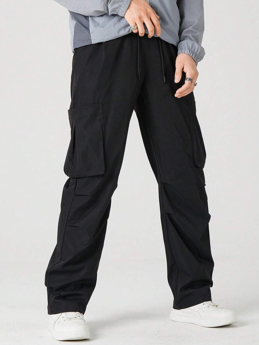 Manfinity Hypemode 男士側口袋腰部抽繩長褲 - 黑色 - 查看 1