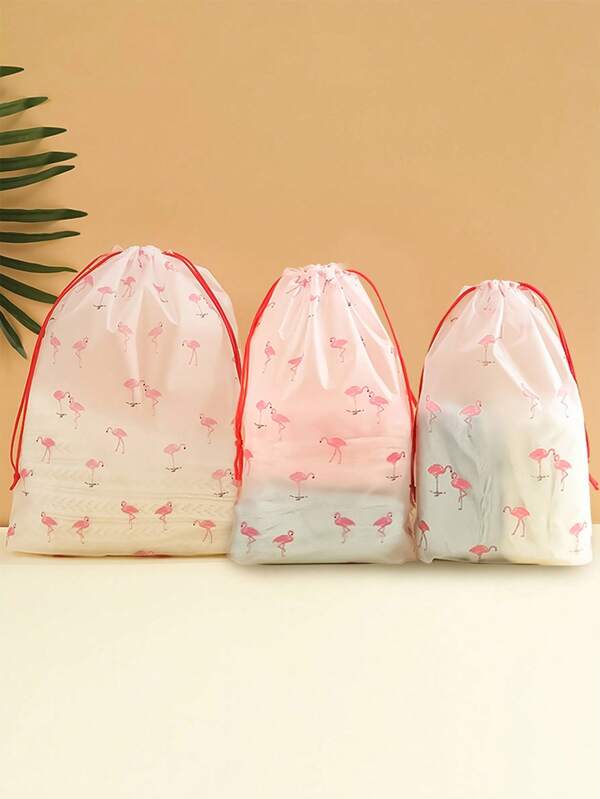 3pcs Flamingo Pattern Portable Shoe Storage Bag Waterproof Transparent Travel Storage Bag Polyester Rope Bag,Closet Organizer,Travel Portable Bag,Waterproof Pocket,Clothing Classified Hanging Bag School Supplies Room Decor Bedroom Decor Dorm Essentials for School Student Teacher