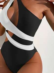 SHEIN Swim Colorblock Cut Out One Shoulder One Piece Swimsuit,Summer Beach - Black and White - View 3