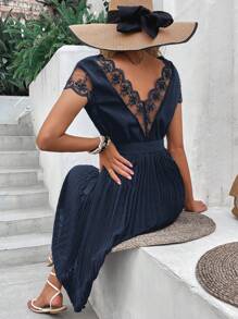 SHEIN LUNE Embroidery Mesh Pleated Hem Dress - Navy Blue - View 1