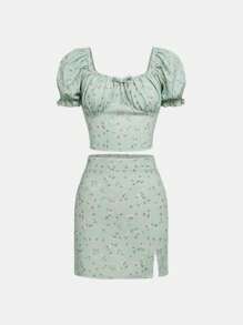 SHEIN 青少年女孩碎花泡泡袖上衣和開衩短裙