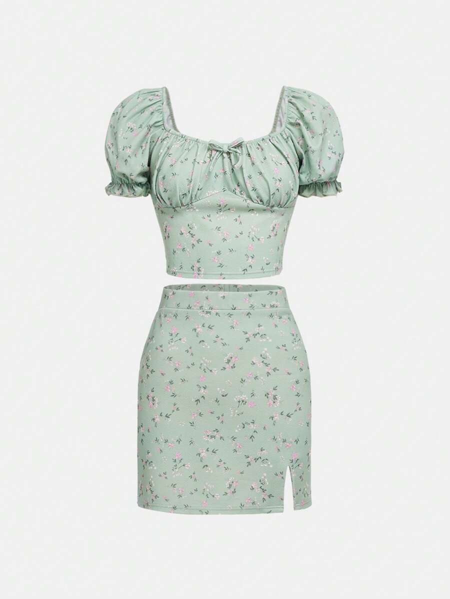 SHEIN 青少年女孩碎花泡泡袖上衣和開衩短裙