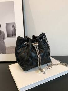 迷你衍縫抽繩設計鏈條水桶包黑色時尚 - 黑色 - 查看 1