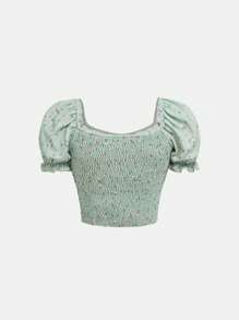 SHEIN 青少年女孩碎花泡泡袖上衣和開衩短裙