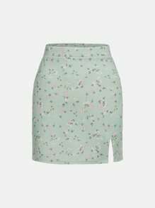 SHEIN 青少年女孩碎花泡泡袖上衣和開衩短裙