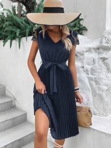 SHEIN LUNE Embroidery Mesh Pleated Hem Dress - Navy Blue - View 4