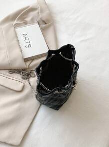 迷你衍縫抽繩設計鏈條水桶包黑色時尚 - 黑色 - 查看 4