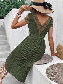 Breezaya Vestido de malla con bordado bajo fruncido - Verde militar - Ver 3