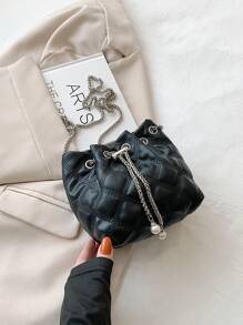 迷你衍縫抽繩設計鏈條水桶包黑色時尚 - 黑色 - 查看 6