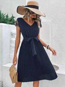 SHEIN LUNE Embroidery Mesh Pleated Hem Dress - Navy Blue - View 6