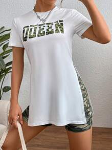 Zolique 字母圖案下擺開叉T恤和迷彩印花騎行褲 - 彩色 - 查看 4