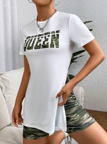 Zolique 字母圖案下擺開叉T恤和迷彩印花騎行褲 - 彩色 - 查看 5