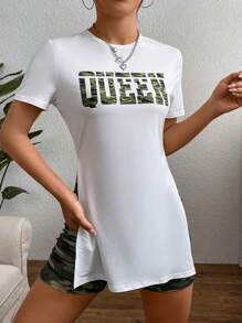 Zolique 字母圖案下擺開叉T恤和迷彩印花騎行褲 - 彩色 - 查看 6