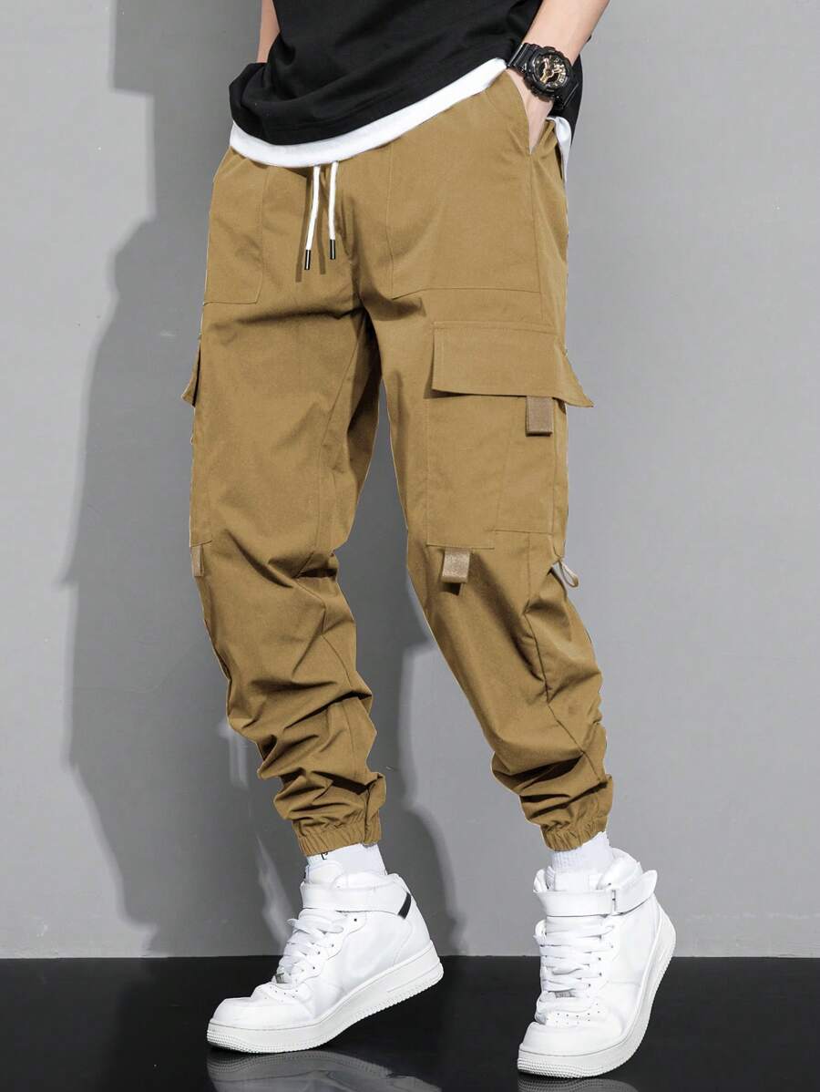 Manfinity Hypemode 男士翻蓋口袋腰部抽繩工裝褲 - 摩卡棕 - 查看 1