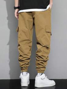 Manfinity Hypemode 男士翻蓋口袋腰部抽繩工裝褲 - 摩卡棕 - 查看 2