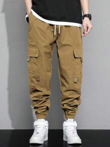 Manfinity Hypemode 男士翻蓋口袋腰部抽繩工裝褲 - 摩卡棕 - 查看 3