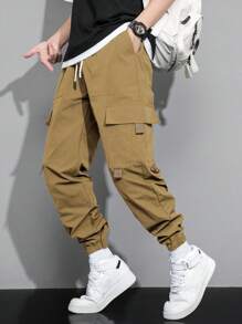 Manfinity Hypemode 男士翻蓋口袋腰部抽繩工裝褲 - 摩卡棕 - 查看 4