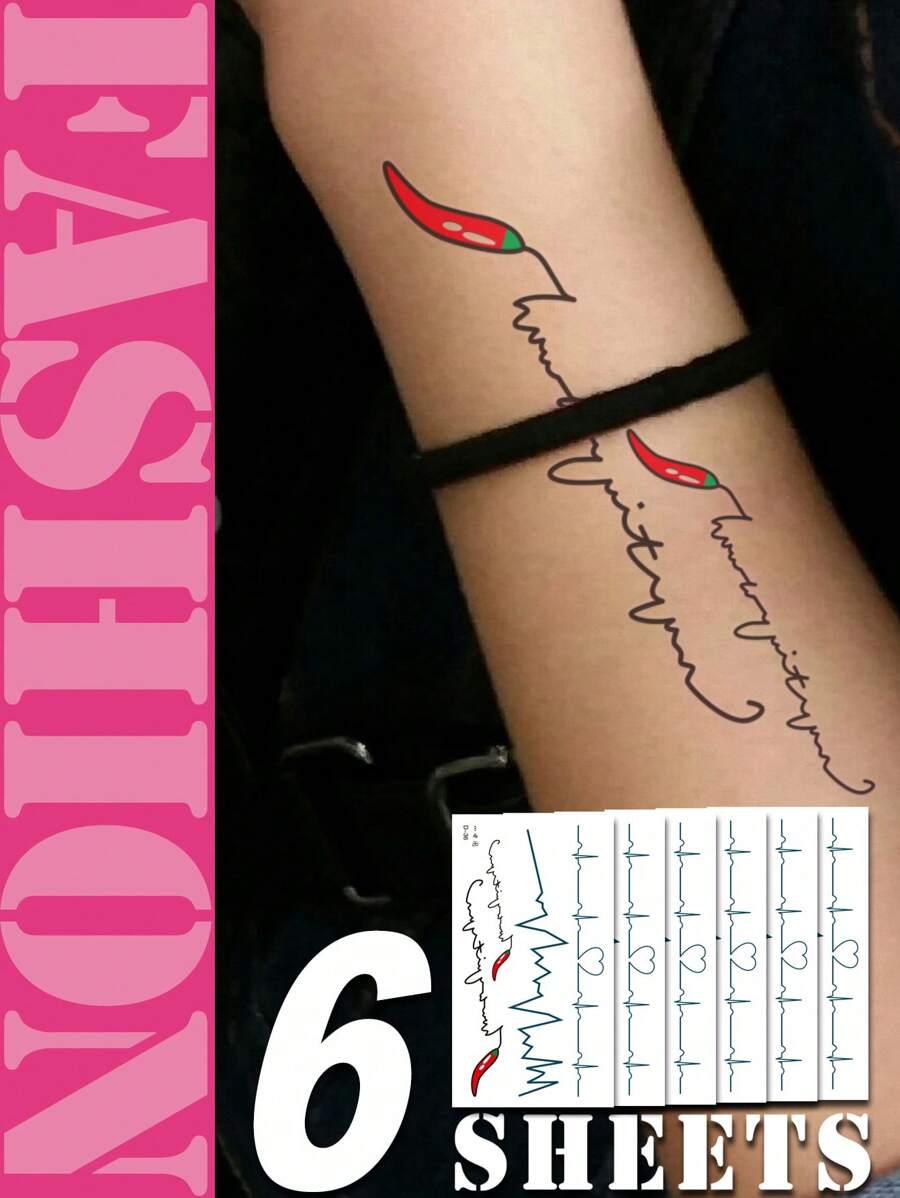 Women's Tattoo Stickers - Chili & Ekg Graphic Design, 6 Sheets/pack - Multicolor - View 1