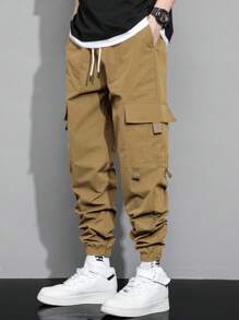 Manfinity Hypemode 男士翻蓋口袋腰部抽繩工裝褲 - 摩卡棕 - 查看 7