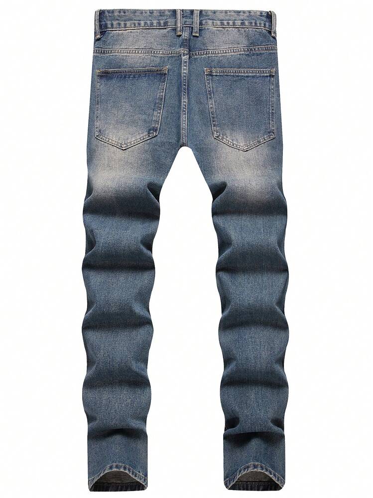 Men Ripped Frayed Cat Scratch Slim Straight Jeans - Dark Wash - View 2