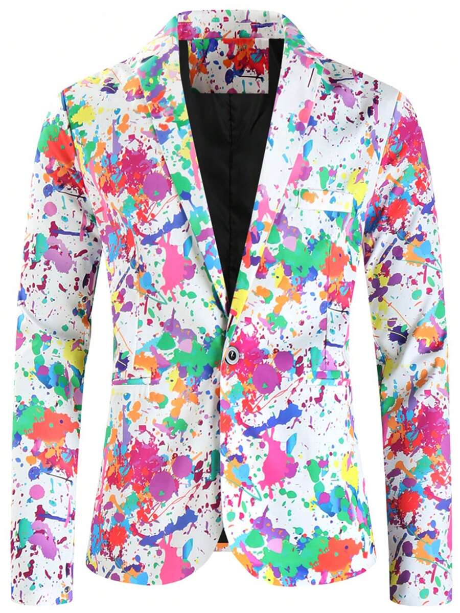 Hombres Blazer con estampado de tinte de salpicadura con botón - Blanco - Ver 1