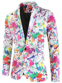 Hombres Blazer con estampado de tinte de salpicadura con botón - Blanco - Ver 4