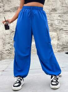 Flirla 大碼側翻蓋口袋腰部抽繩工裝褲 - 藍色 - 查看 7