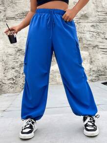 Flirla 大碼側翻蓋口袋腰部抽繩工裝褲 - 藍色 - 查看 8