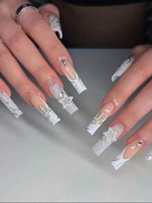 Elevate Your Style With 24pcs Long Coffin Star Decor Full Cover Fake Nail Set