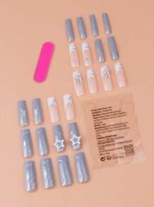 Elevate Your Style With 24pcs Long Coffin Star Decor Full Cover Fake Nail Set