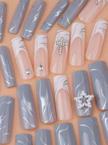 Elevate Your Style With 24pcs Long Coffin Star Decor Full Cover Fake Nail Set