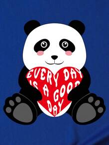 SHEIN EZwear 貓熊和標語圖案T恤 - 寶藍色 - 查看 3