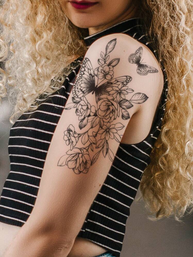 蝶＆花柄タトゥーシール  1枚 - ブラック - 見る 1